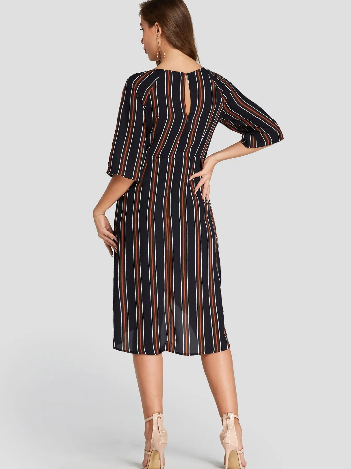 Wholesale Navy Round Neck Half Sleeve Stripe Crossed Front Cut Out Belt Irregular Hem Casual Dress