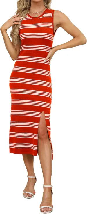 WIHOLL Womens Bodycon Summer Casual Midi Sundress Sleeveless Cute Hollow Out Knit Side Slit Striped Long Tank Dress