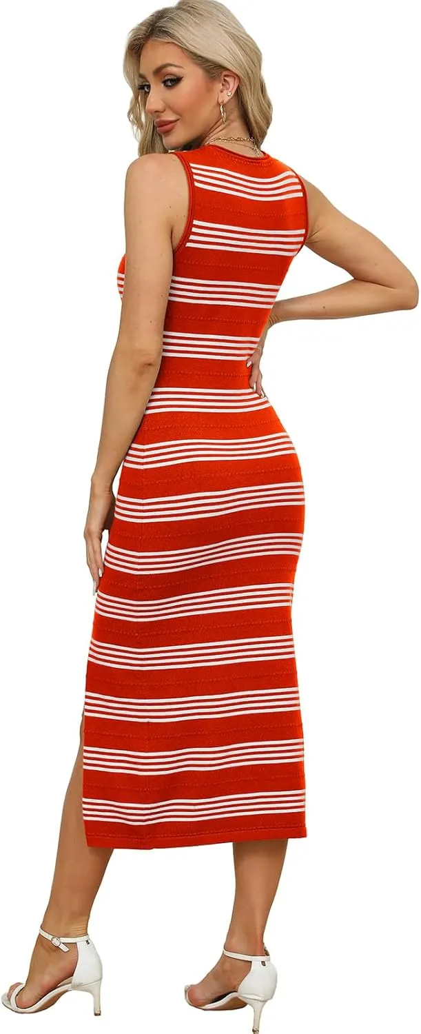 WIHOLL Womens Bodycon Summer Casual Midi Sundress Sleeveless Cute Hollow Out Knit Side Slit Striped Long Tank Dress