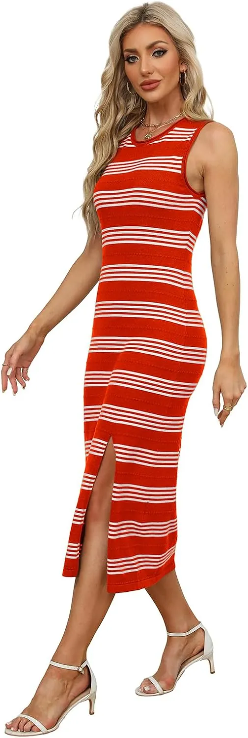 WIHOLL Womens Bodycon Summer Casual Midi Sundress Sleeveless Cute Hollow Out Knit Side Slit Striped Long Tank Dress
