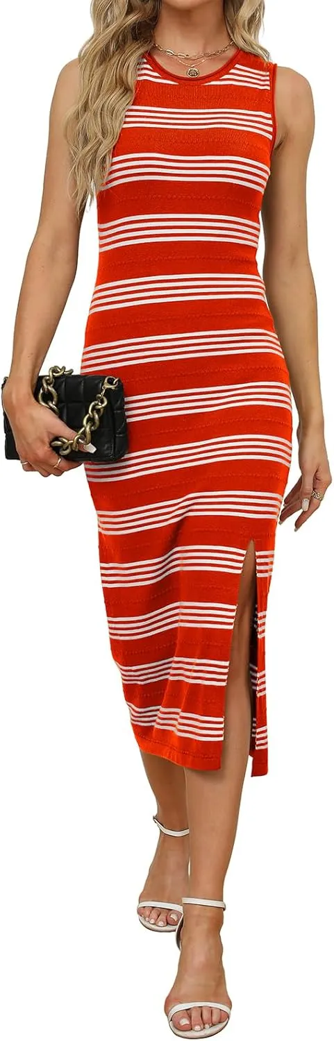 WIHOLL Womens Bodycon Summer Casual Midi Sundress Sleeveless Cute Hollow Out Knit Side Slit Striped Long Tank Dress