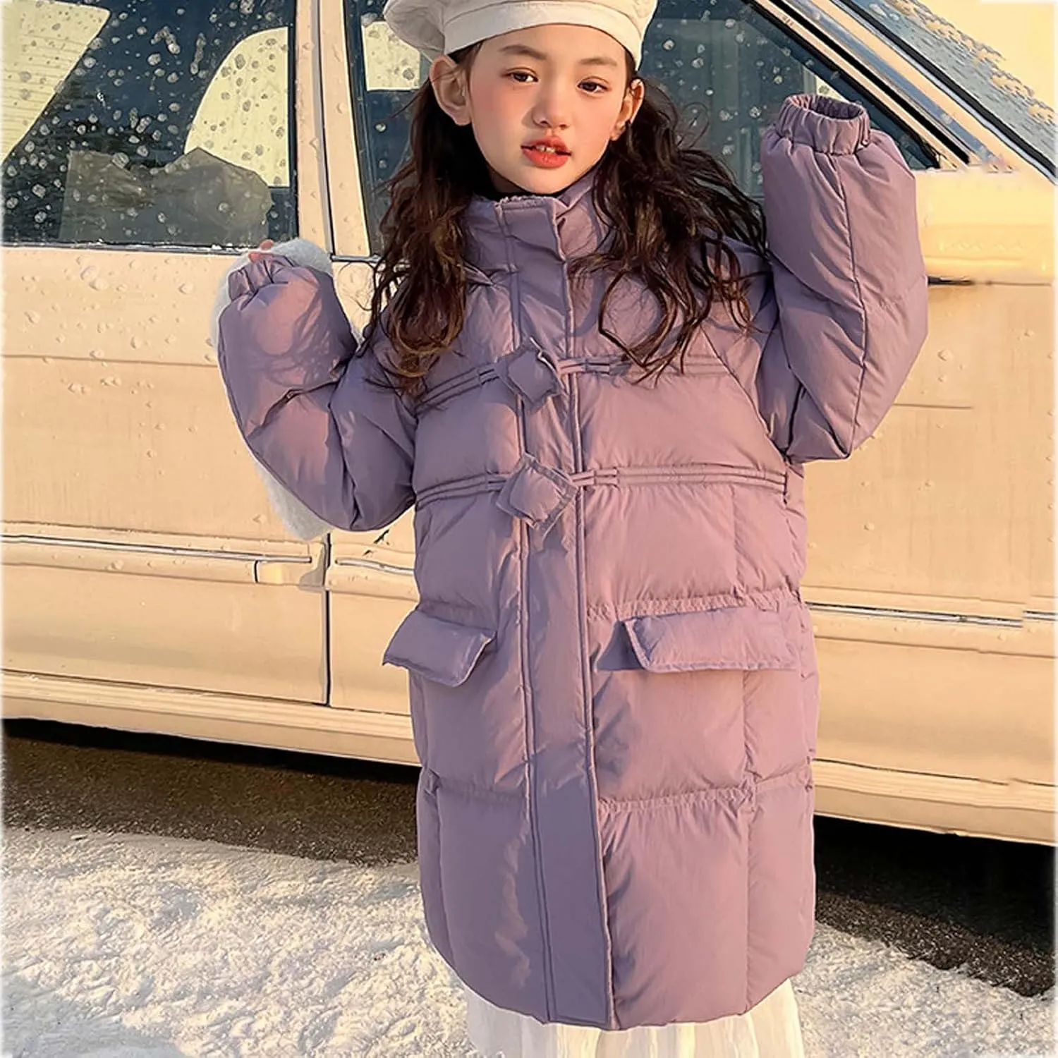 Winter Coats for Kids Girls Long Hooded Puffer Jacket Windproof Padded Outerwear Fashion Cotton Coat with Pockets