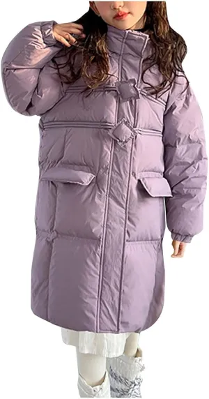 Winter Coats for Kids Girls Long Hooded Puffer Jacket Windproof Padded Outerwear Fashion Cotton Coat with Pockets