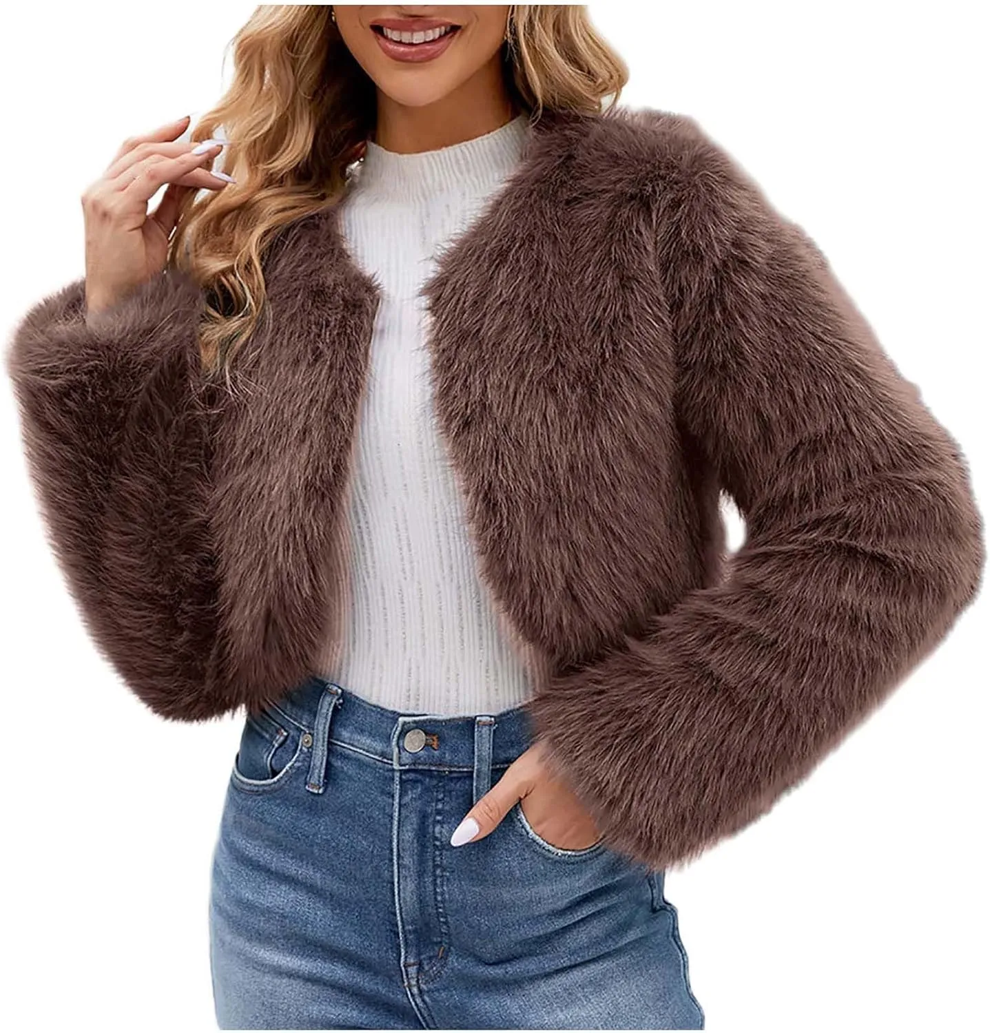 Winter Coats for Women 2023 Trendy Faux Fur Shaggy Jacket Cropped Long Sleeve Tops Open Front Coat Cardigan Outerwear