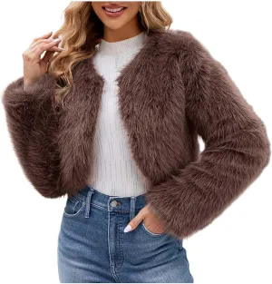 Winter Coats for Women 2023 Trendy Faux Fur Shaggy Jacket Cropped Long Sleeve Tops Open Front Coat Cardigan Outerwear