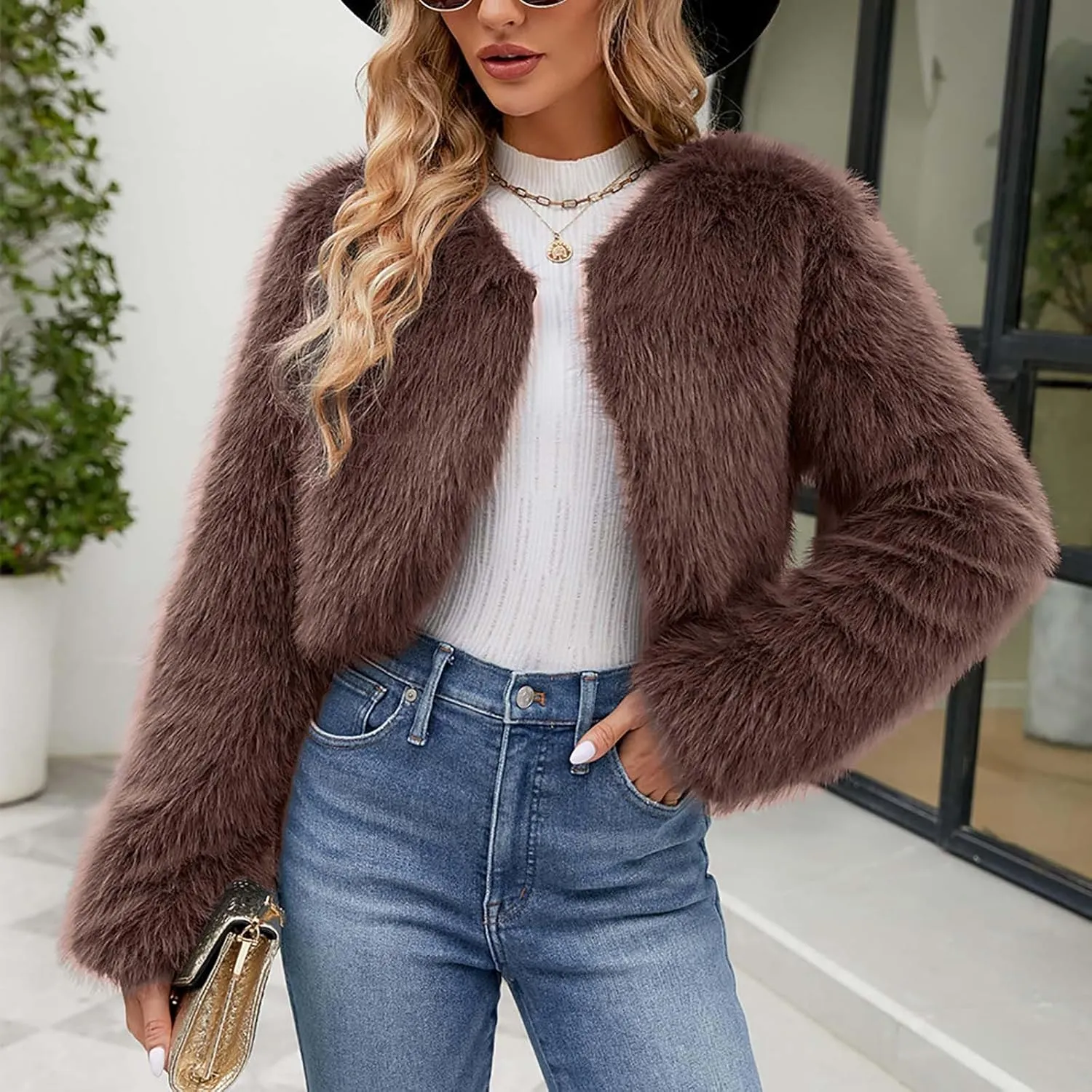 Winter Coats for Women 2023 Trendy Faux Fur Shaggy Jacket Cropped Long Sleeve Tops Open Front Coat Cardigan Outerwear