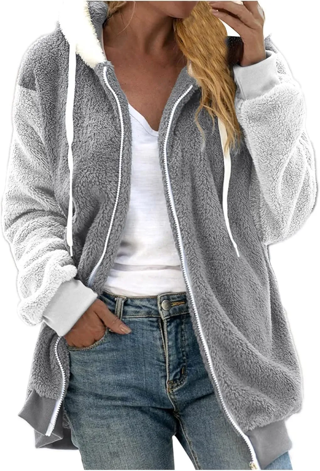 Winter Coats for Women 2024 Long Sleeve Faux Fur Fleece Jacket Zipper Plus Size Hooded Fuzzy Outerwear With Pockets
