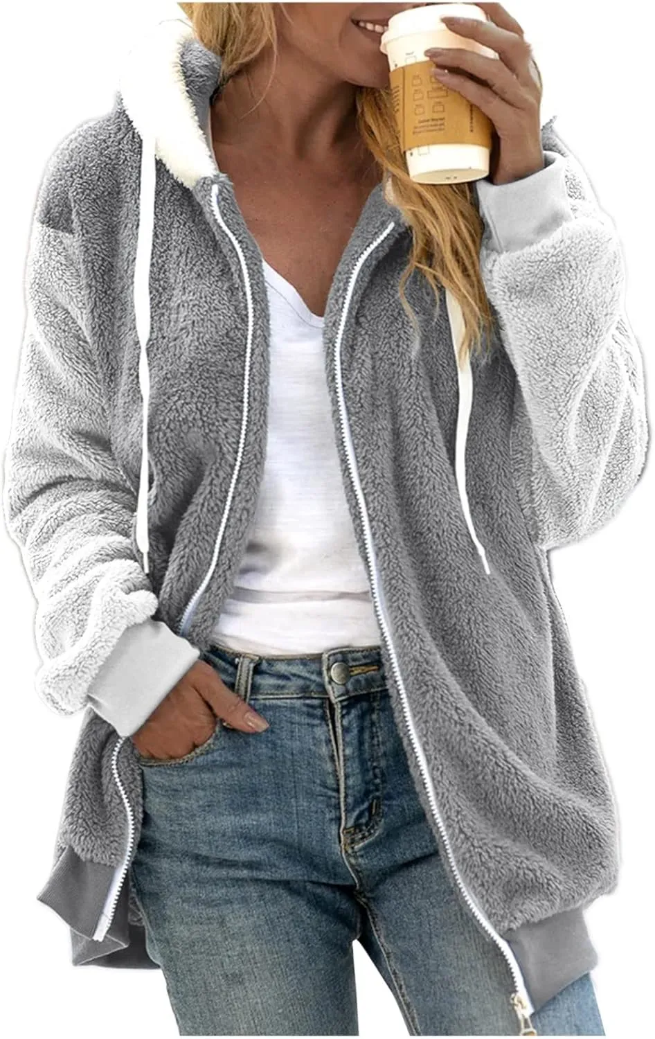 Winter Coats for Women 2024 Long Sleeve Faux Fur Fleece Jacket Zipper Plus Size Hooded Fuzzy Outerwear With Pockets