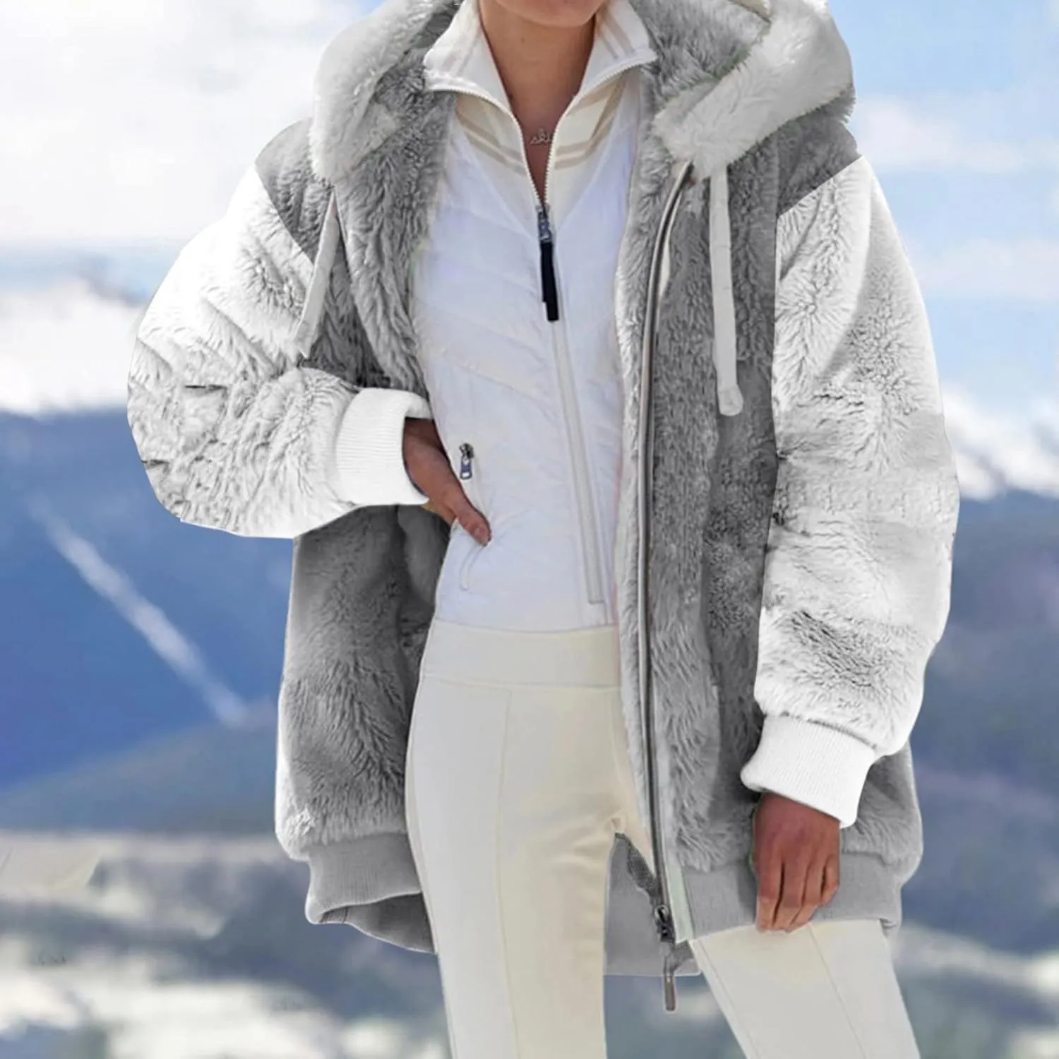 Winter Coats for Women 2024 Long Sleeve Faux Fur Fleece Jacket Zipper Plus Size Hooded Fuzzy Outerwear With Pockets
