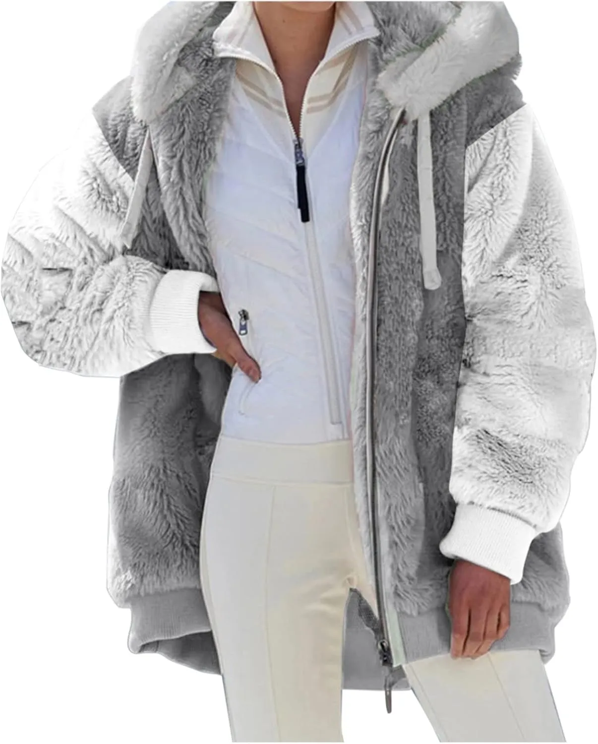 Winter Coats for Women 2024 Long Sleeve Faux Fur Fleece Jacket Zipper Plus Size Hooded Fuzzy Outerwear With Pockets