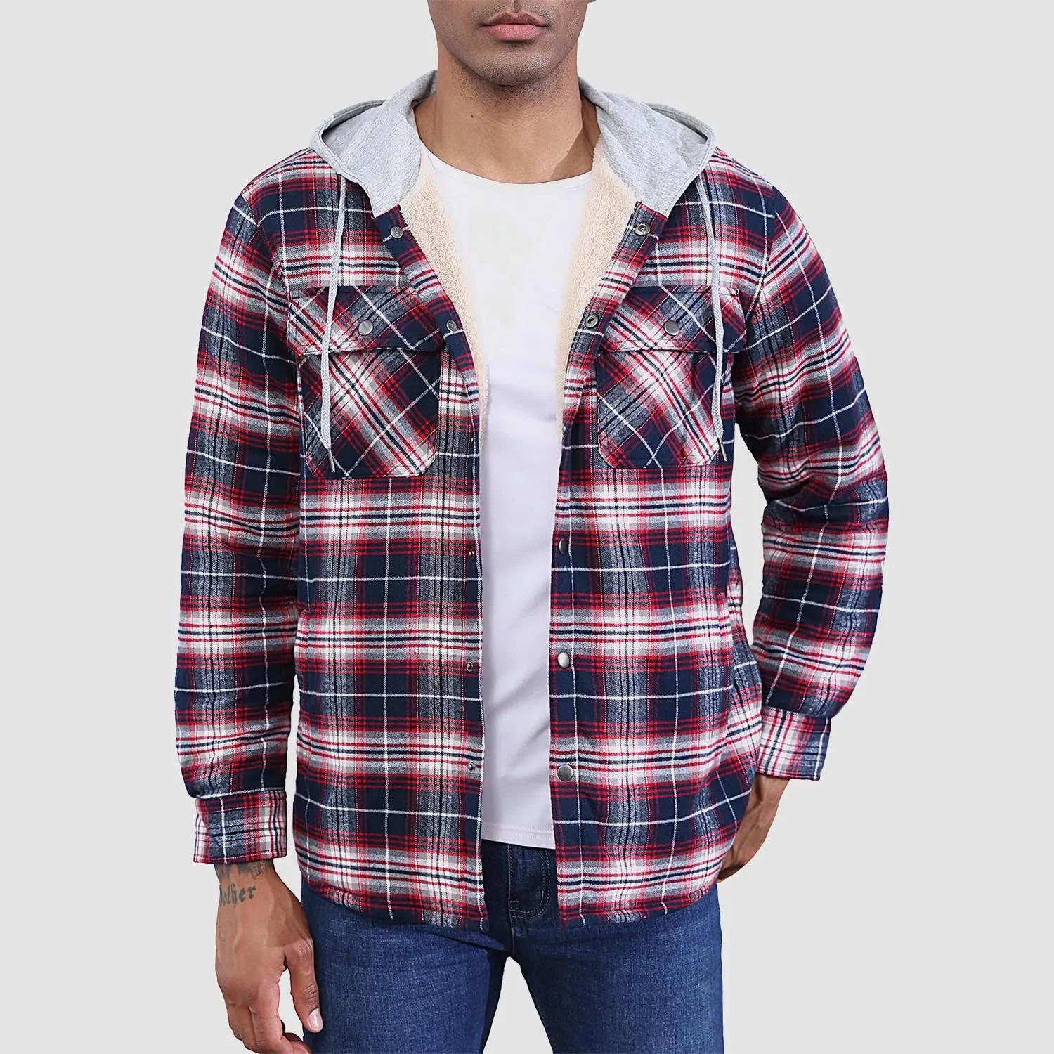 Winter Flannel Hoodies with Sherpa Lining for Men Flannel Plaid Jackets