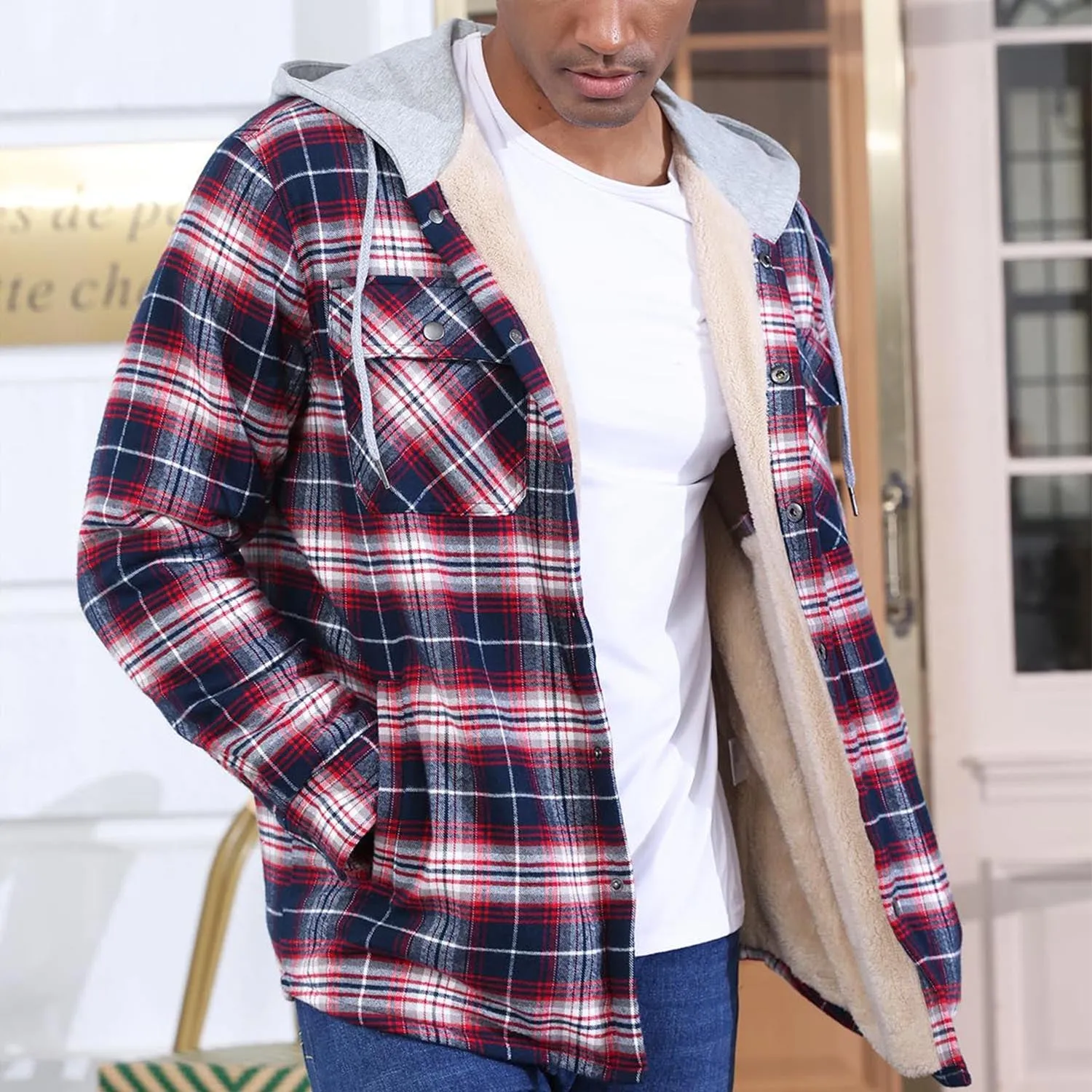 Winter Flannel Hoodies with Sherpa Lining for Men Flannel Plaid Jackets