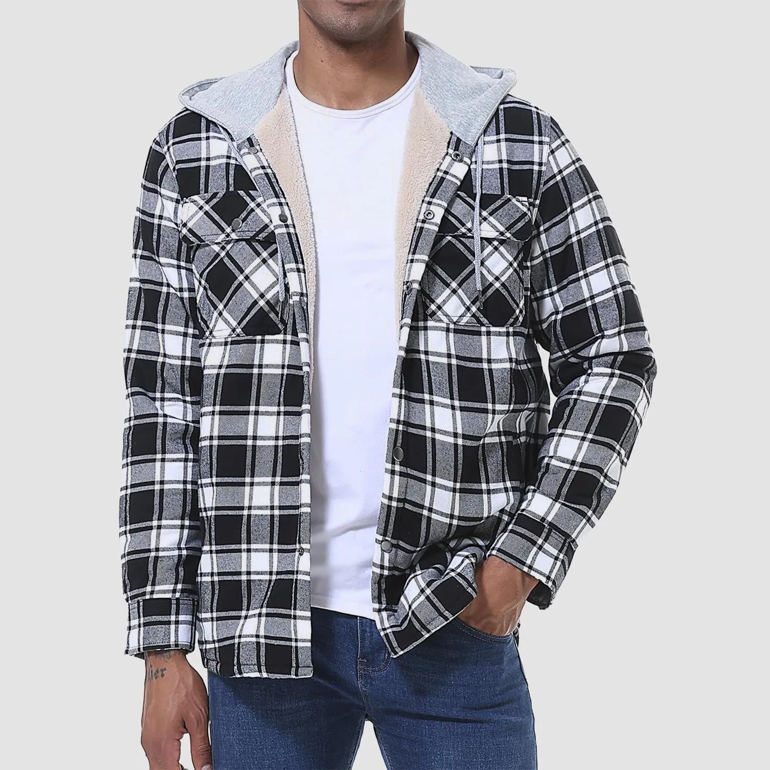 Winter Flannel Hoodies with Sherpa Lining for Men Flannel Plaid Jackets