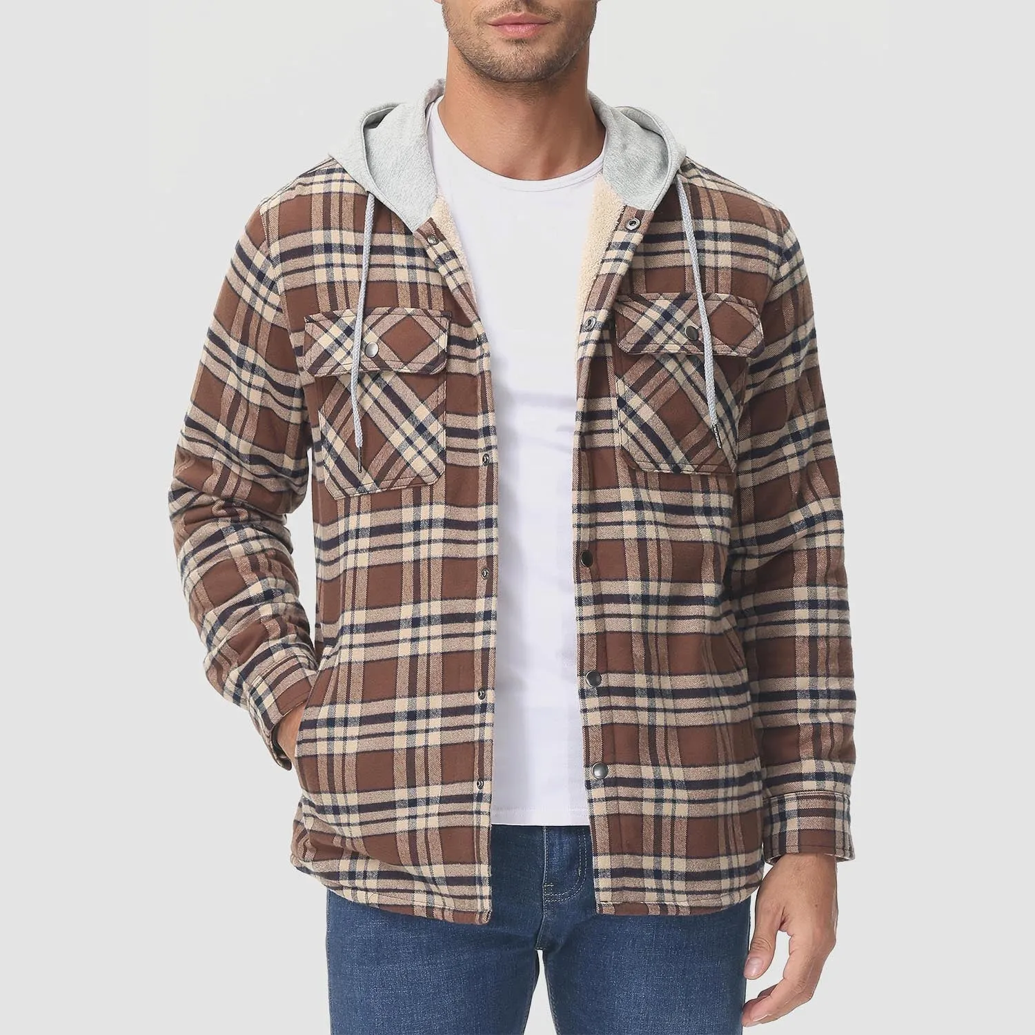 Winter Flannel Hoodies with Sherpa Lining for Men Flannel Plaid Jackets