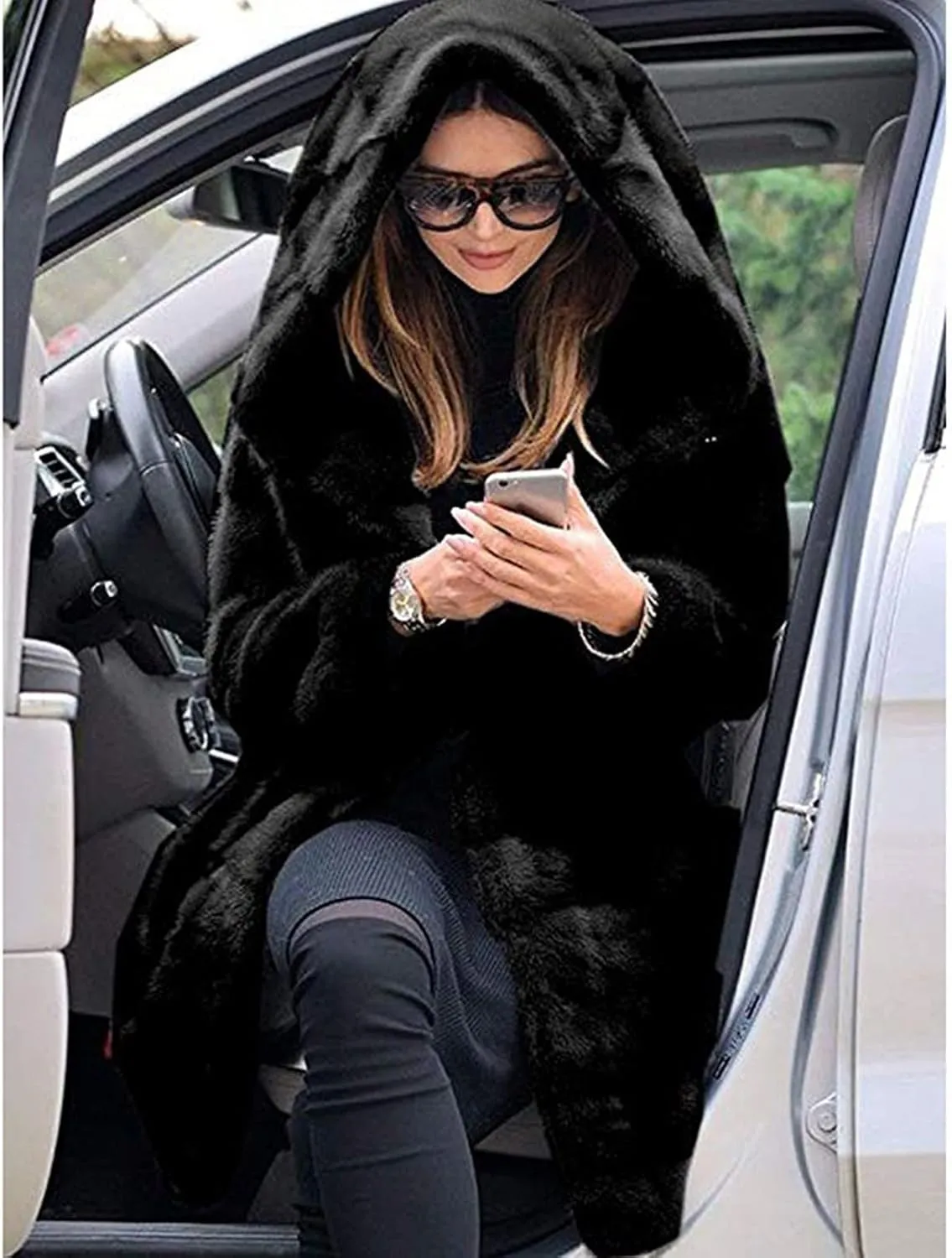 Wkishenl Plus Size Faux Fur Coat for Women Fluffy Fuzzy Shaggy Trench Coat Winter Warm Jacket Long Sleeve Outerwear with Hood