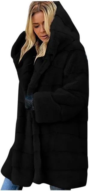 Wkishenl Plus Size Faux Fur Coat for Women Fluffy Fuzzy Shaggy Trench Coat Winter Warm Jacket Long Sleeve Outerwear with Hood