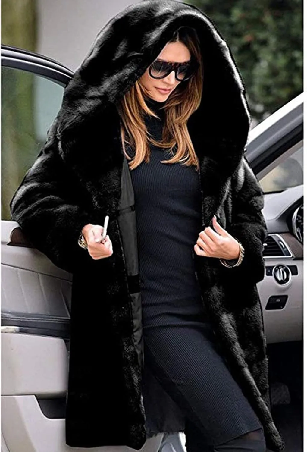 Wkishenl Plus Size Faux Fur Coat for Women Fluffy Fuzzy Shaggy Trench Coat Winter Warm Jacket Long Sleeve Outerwear with Hood