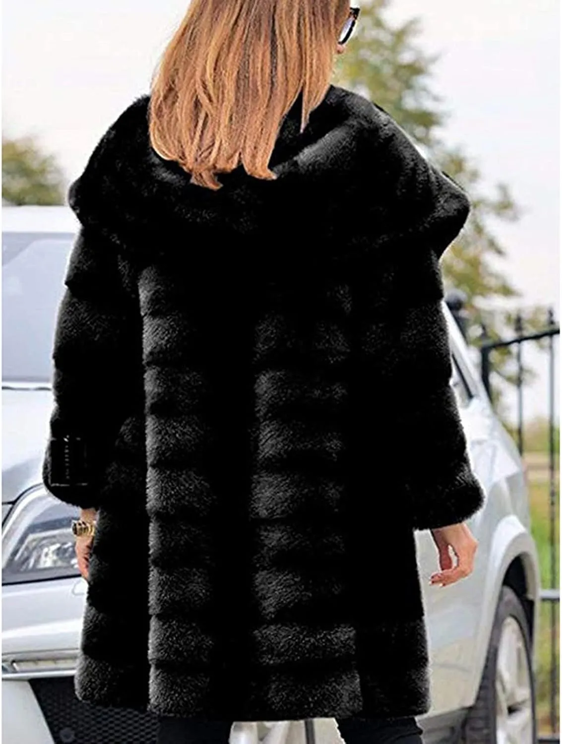 Wkishenl Plus Size Faux Fur Coat for Women Fluffy Fuzzy Shaggy Trench Coat Winter Warm Jacket Long Sleeve Outerwear with Hood