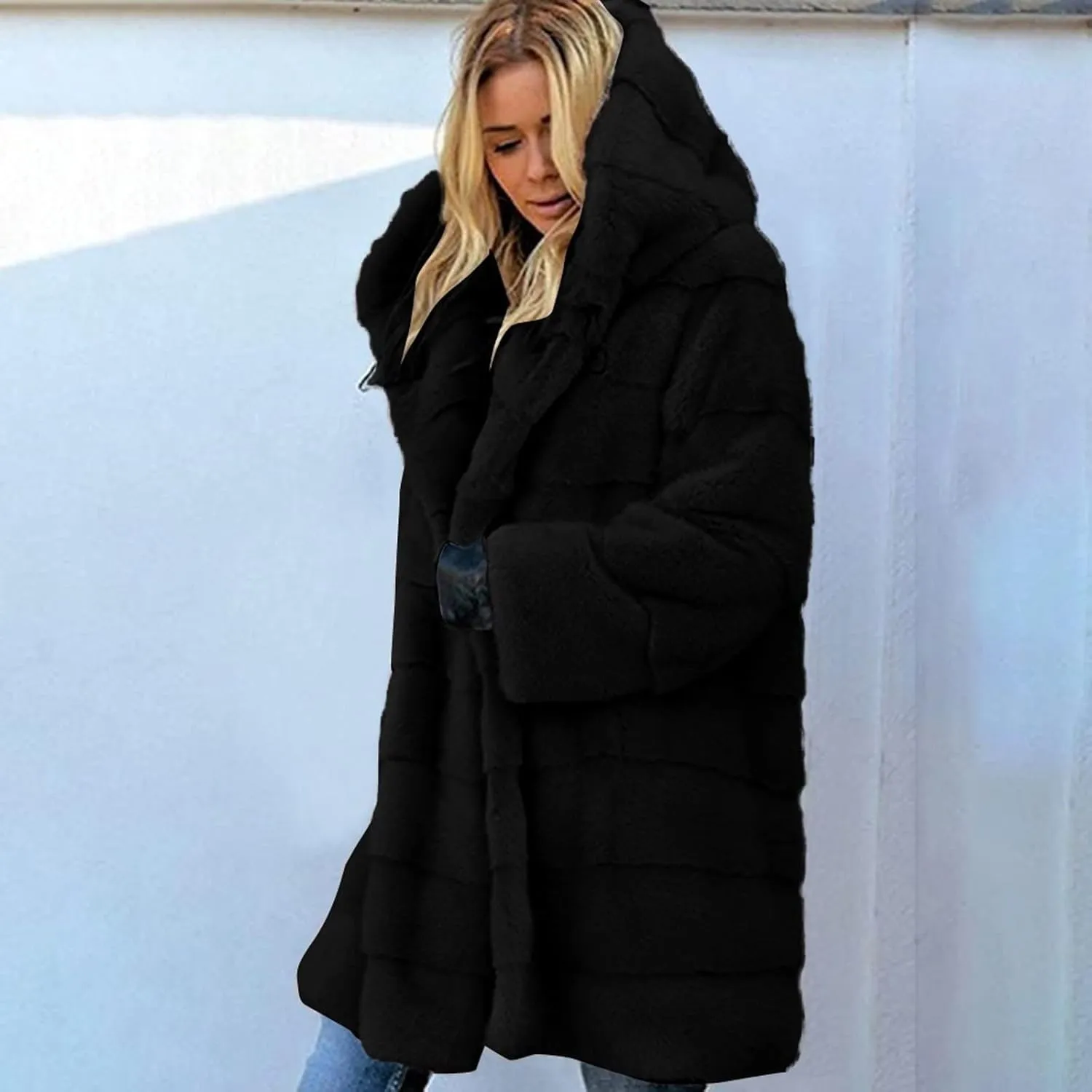 Wkishenl Plus Size Faux Fur Coat for Women Fluffy Fuzzy Shaggy Trench Coat Winter Warm Jacket Long Sleeve Outerwear with Hood
