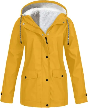 Wkishenl Rain Jacket for Women Softshell Warm Fleece Lined Fall Winter Coats Hooded Waterproof Windbreaker Trench Coat