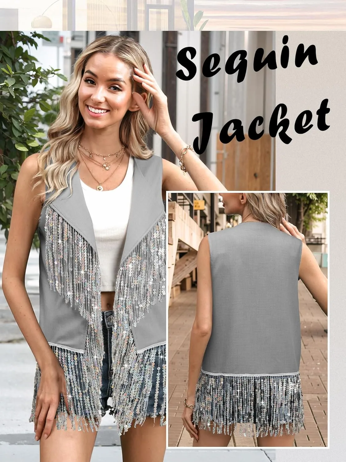 WLLW Women Sparkly Fringe Vest Long Glitter Tassel Cardigan Tops Sleeveless Open Front Blazer Vest Sequin Jacket