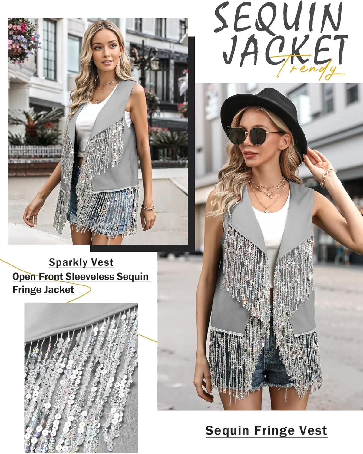 WLLW Women Sparkly Fringe Vest Long Glitter Tassel Cardigan Tops Sleeveless Open Front Blazer Vest Sequin Jacket