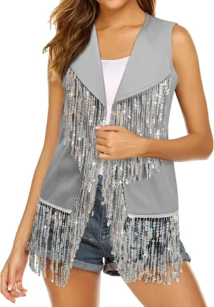 WLLW Women Sparkly Fringe Vest Long Glitter Tassel Cardigan Tops Sleeveless Open Front Blazer Vest Sequin Jacket