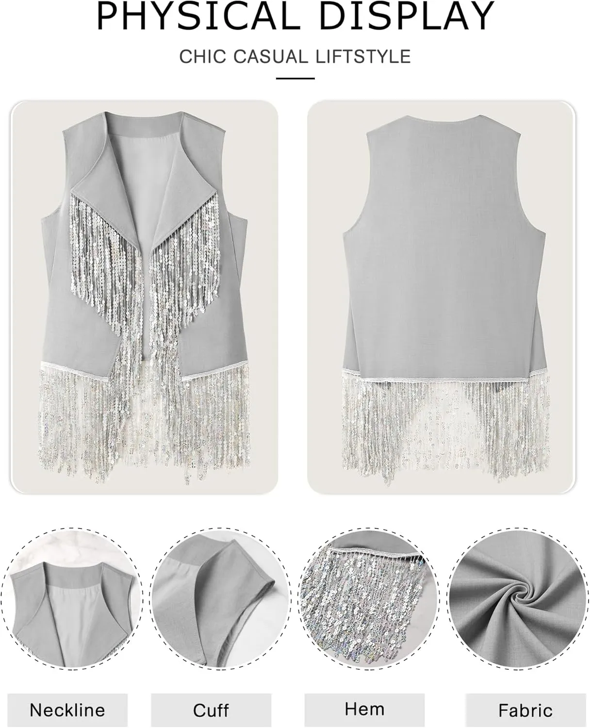 WLLW Women Sparkly Fringe Vest Long Glitter Tassel Cardigan Tops Sleeveless Open Front Blazer Vest Sequin Jacket