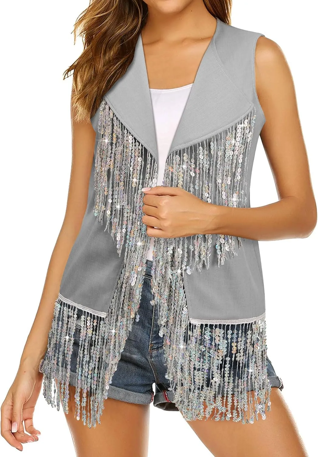 WLLW Women Sparkly Fringe Vest Long Glitter Tassel Cardigan Tops Sleeveless Open Front Blazer Vest Sequin Jacket
