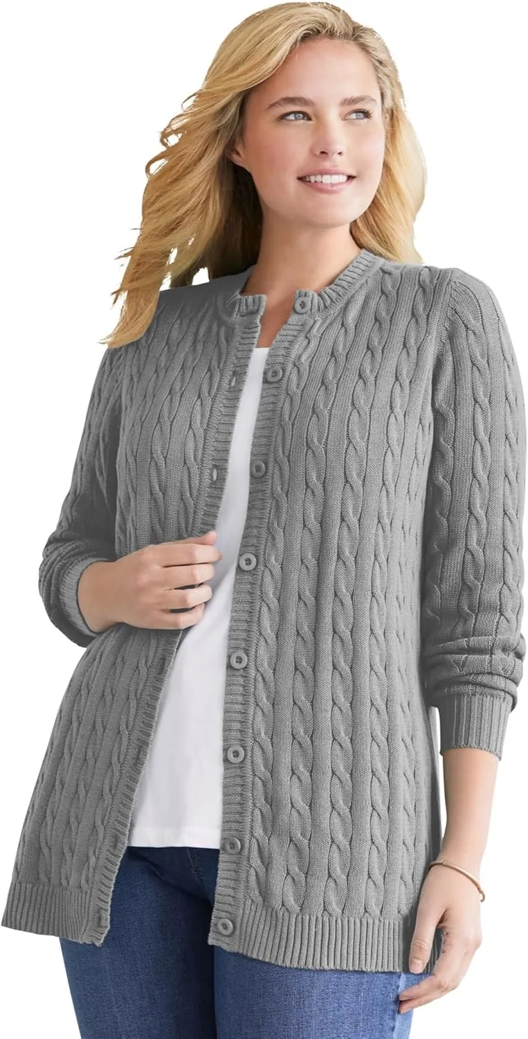 Woman Within Plus Size Cotton Cable Knit Cardigan Sweater