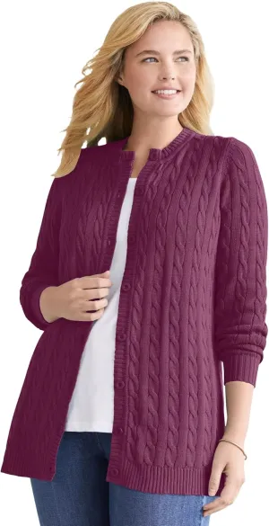 Woman Within Plus Size Cotton Cable Knit Cardigan Sweater