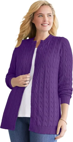 Woman Within Plus Size Cotton Cable Knit Cardigan Sweater