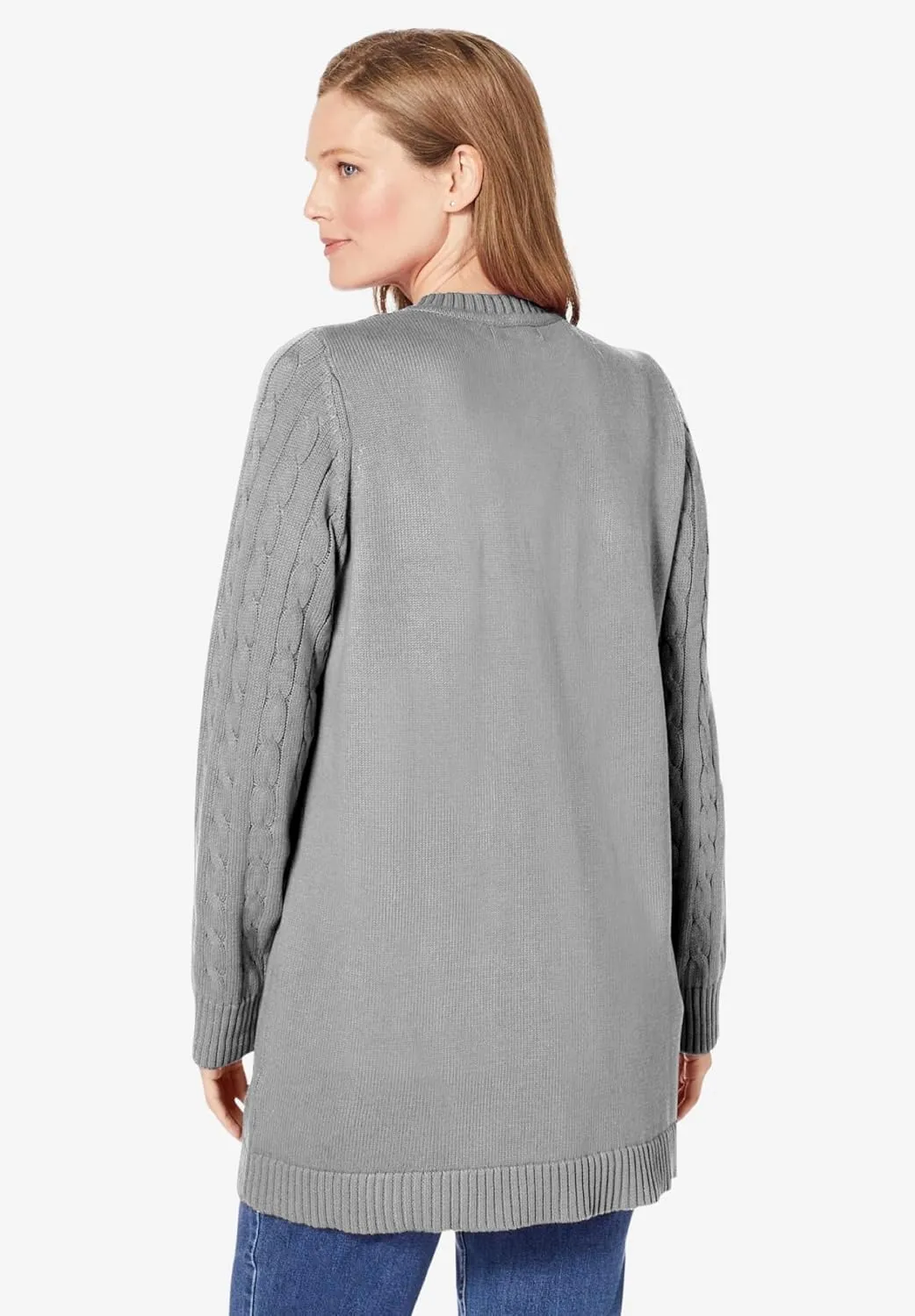 Woman Within Plus Size Cotton Cable Knit Cardigan Sweater