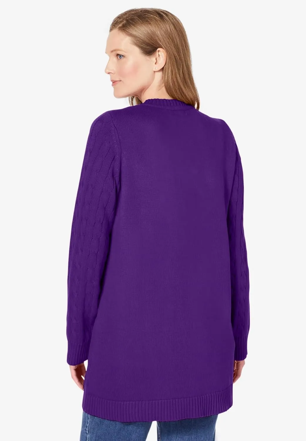 Woman Within Plus Size Cotton Cable Knit Cardigan Sweater