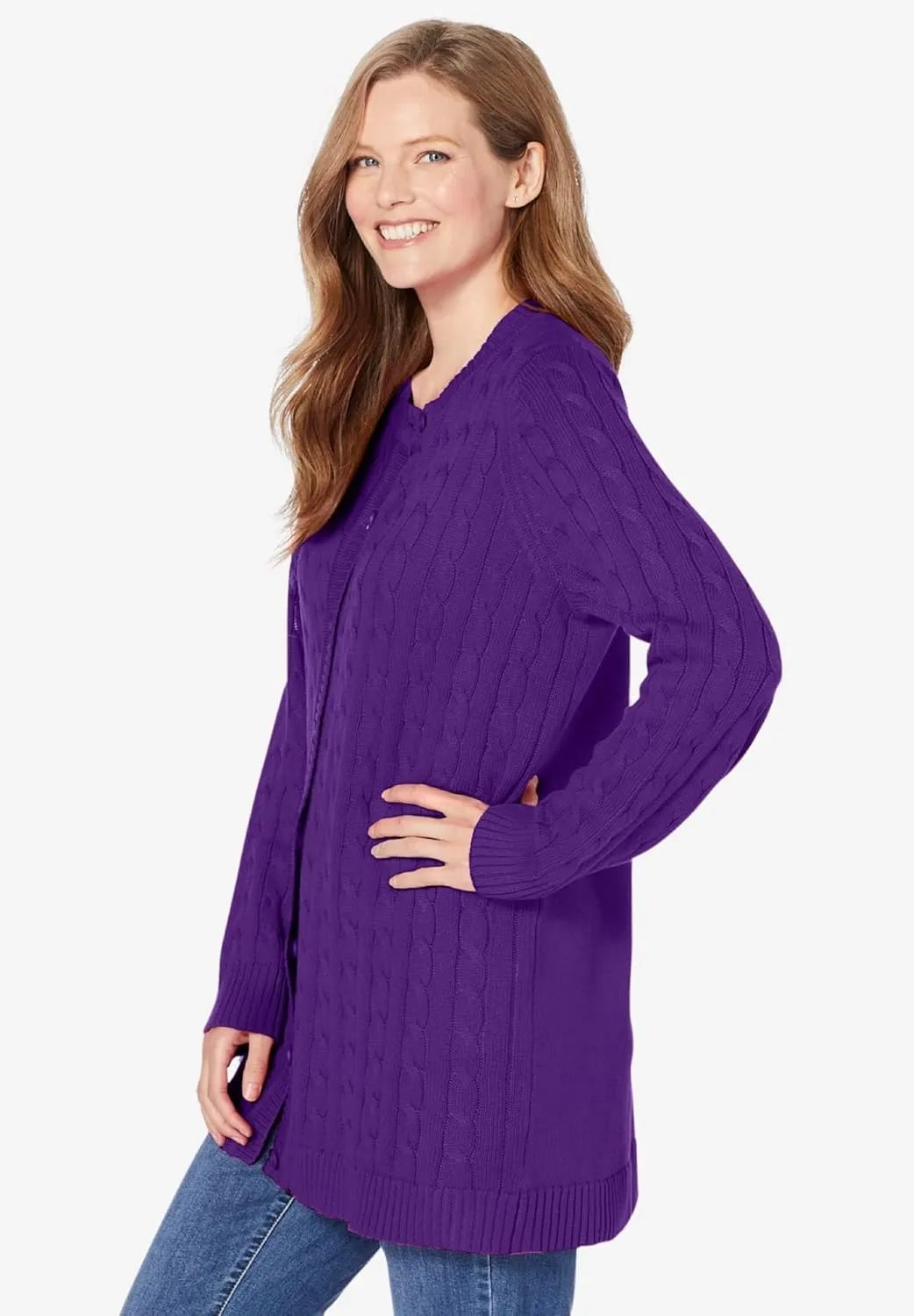 Woman Within Plus Size Cotton Cable Knit Cardigan Sweater