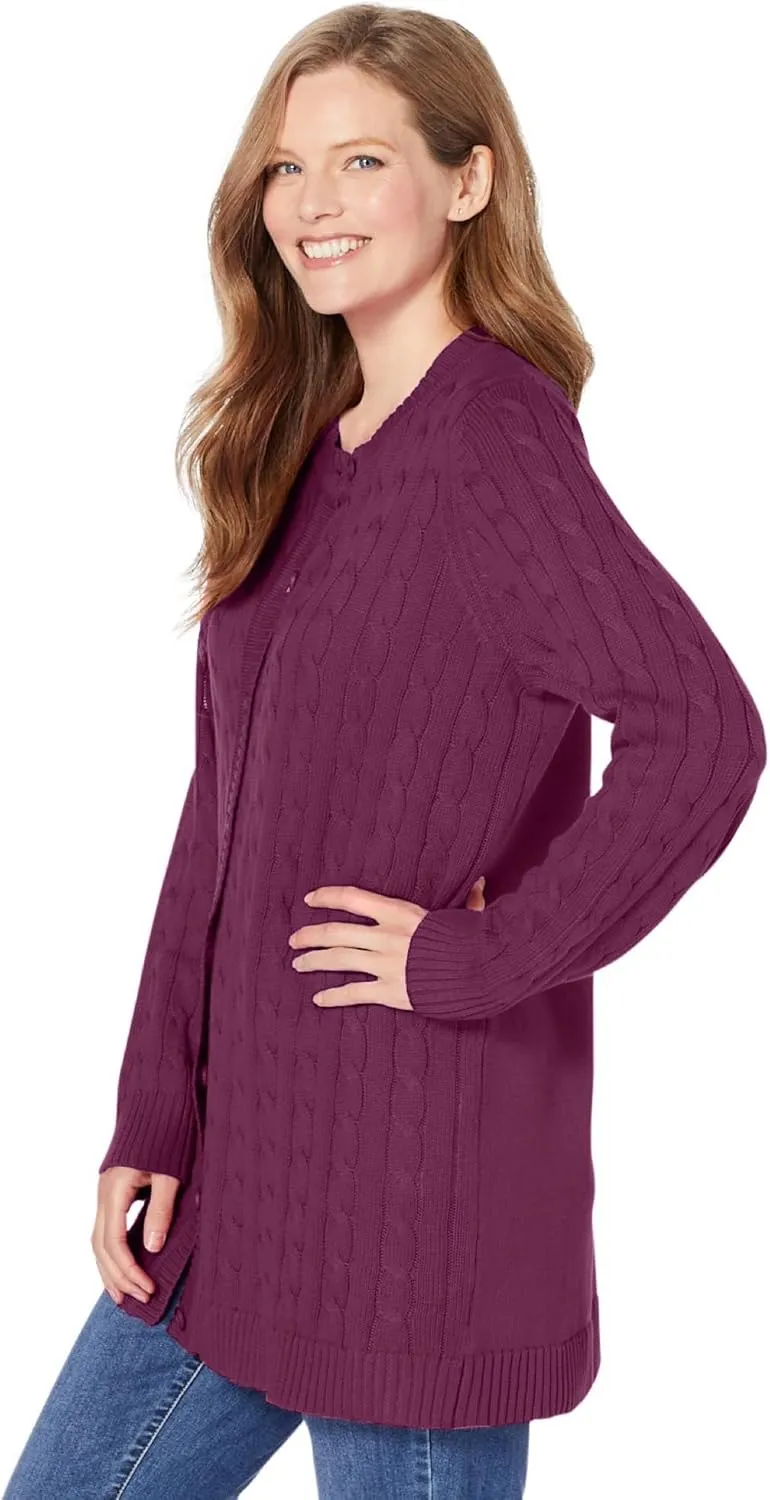 Woman Within Plus Size Cotton Cable Knit Cardigan Sweater