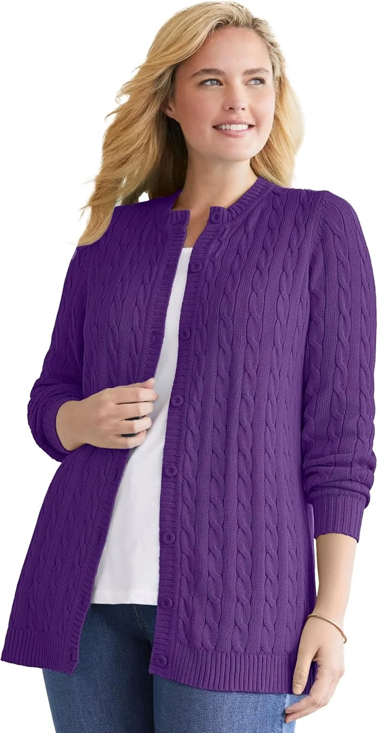 Woman Within Plus Size Cotton Cable Knit Cardigan Sweater