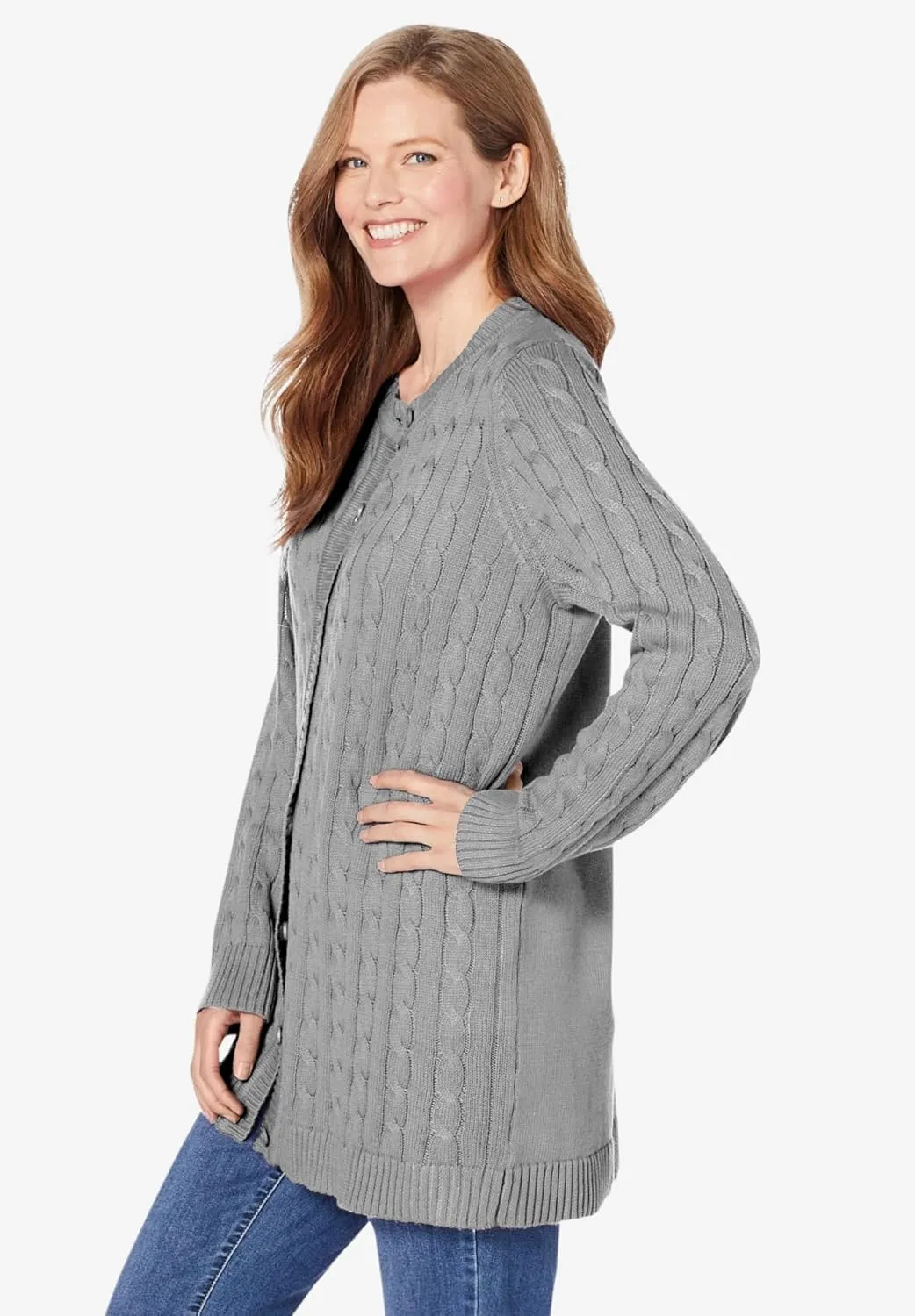Woman Within Plus Size Cotton Cable Knit Cardigan Sweater