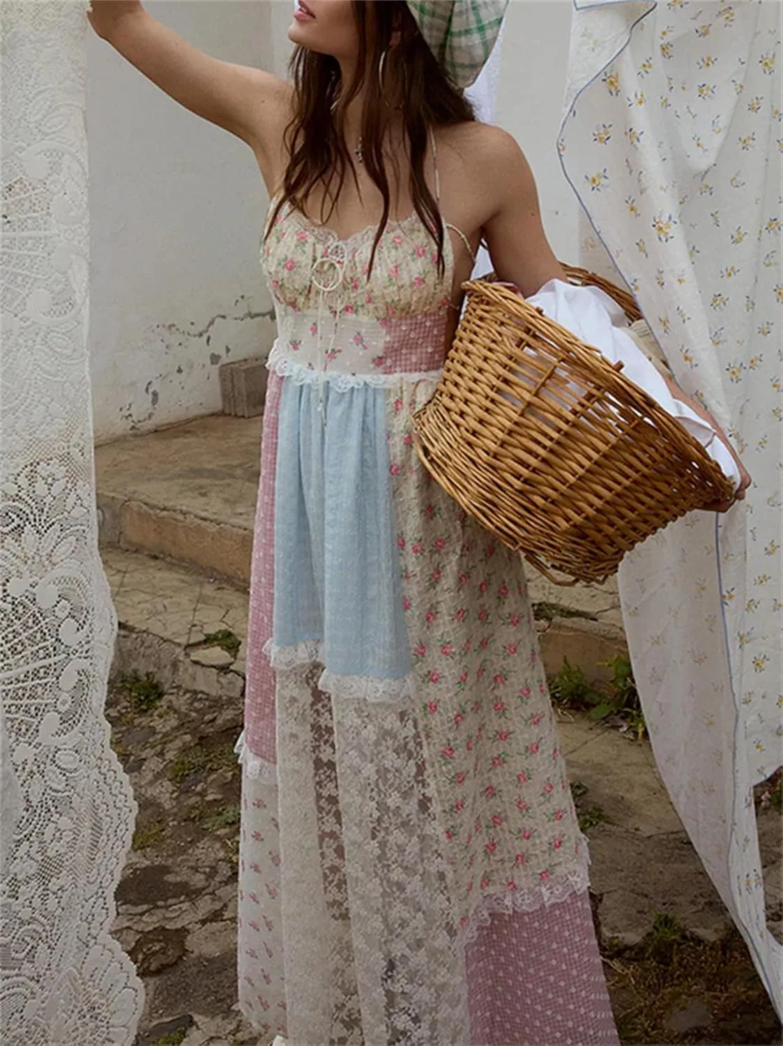Women Boho Lace Patchwork Maxi Dress Cute Floral Spaghetti Strap Cutout Criss Cross Tie Up Backless Long Beach Sundress