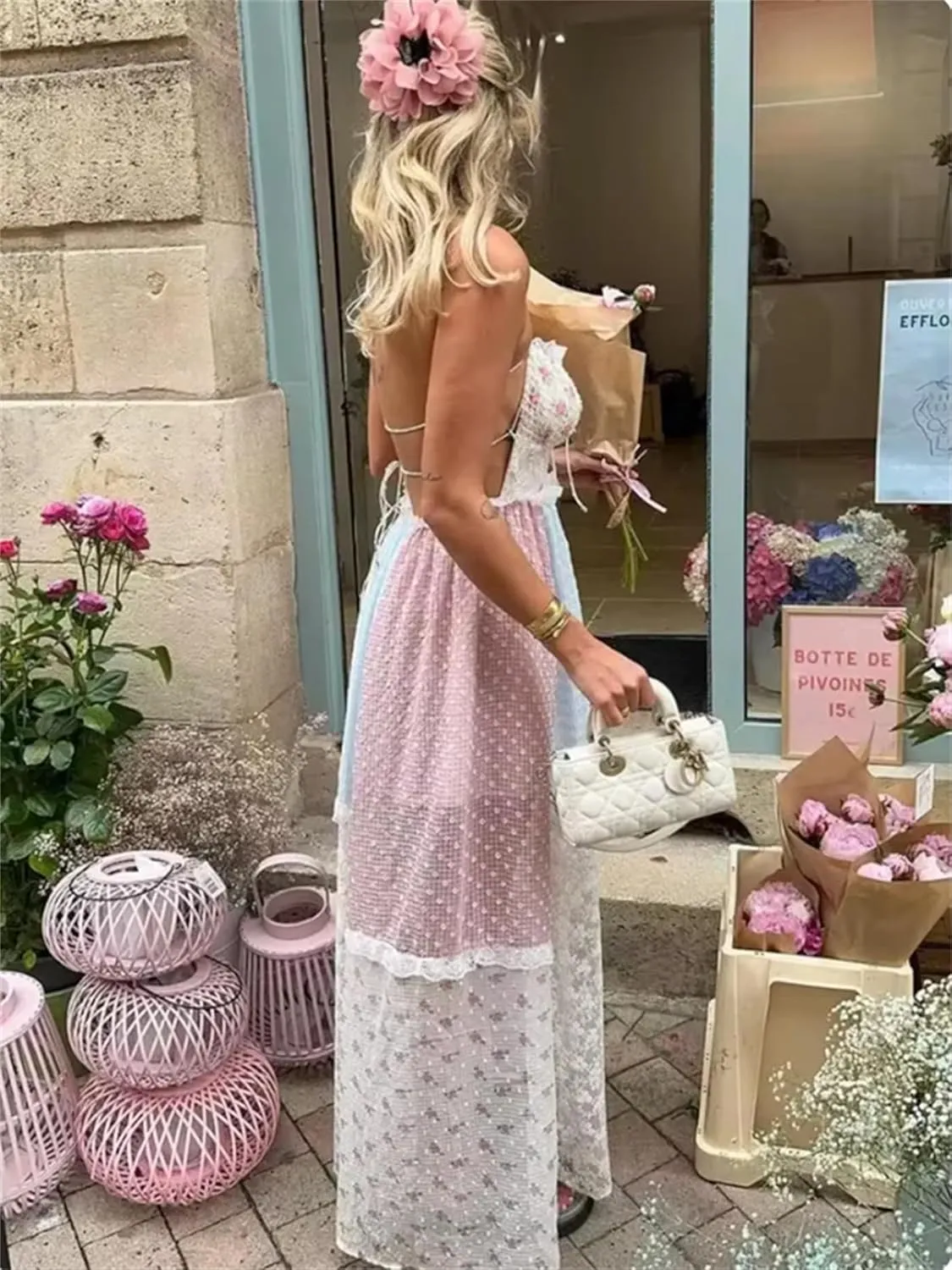 Women Boho Lace Patchwork Maxi Dress Cute Floral Spaghetti Strap Cutout Criss Cross Tie Up Backless Long Beach Sundress