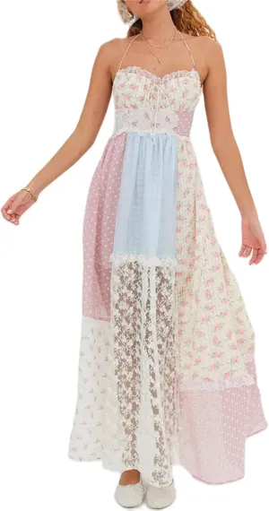Women Boho Lace Patchwork Maxi Dress Cute Floral Spaghetti Strap Cutout Criss Cross Tie Up Backless Long Beach Sundress