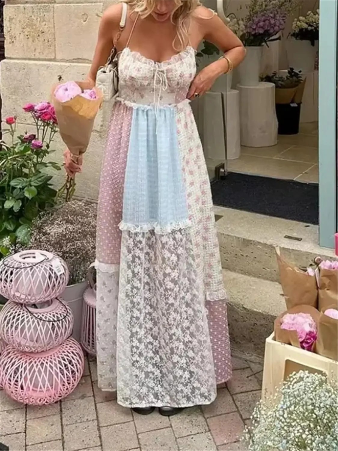 Women Boho Lace Patchwork Maxi Dress Cute Floral Spaghetti Strap Cutout Criss Cross Tie Up Backless Long Beach Sundress