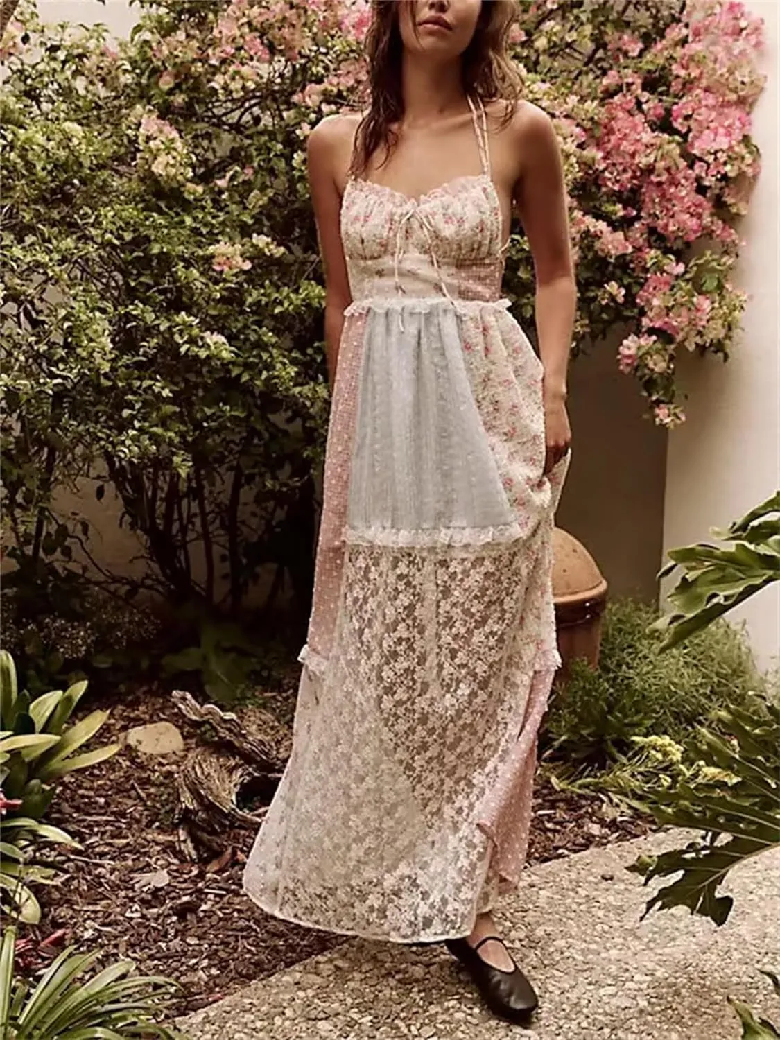 Women Boho Lace Patchwork Maxi Dress Cute Floral Spaghetti Strap Cutout Criss Cross Tie Up Backless Long Beach Sundress