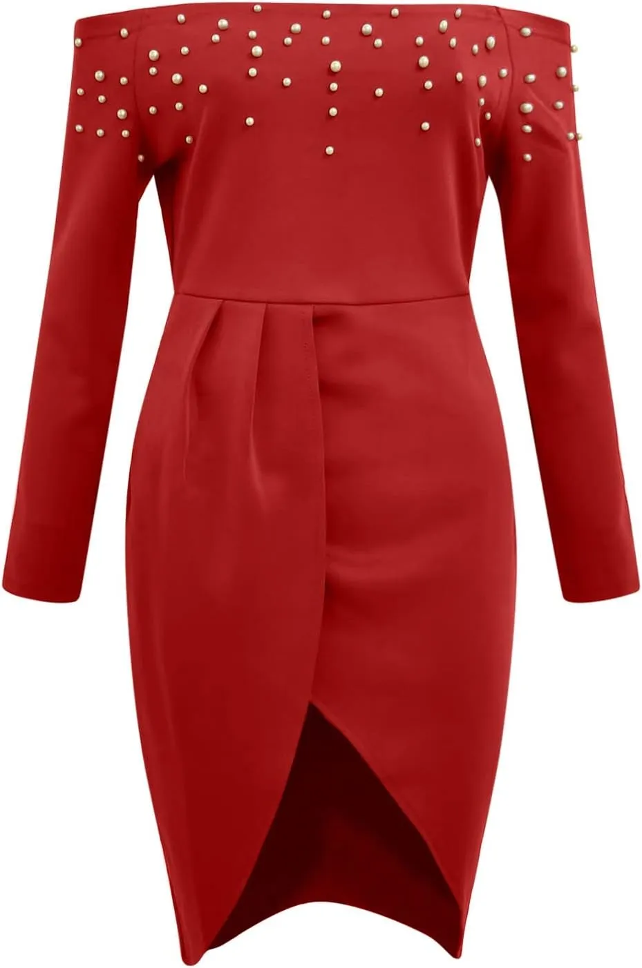Women Fashion Party Dress Solid Cold Shoulder Beads 3/4 Sleeves Medium Length Irregular Dress Casual Skirts for