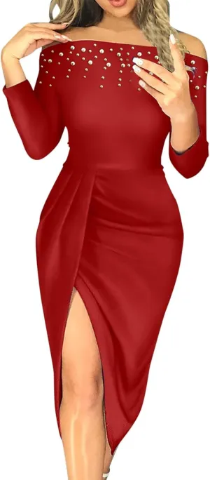 Women Fashion Party Dress Solid Cold Shoulder Beads 3/4 Sleeves Medium Length Irregular Dress Casual Skirts for