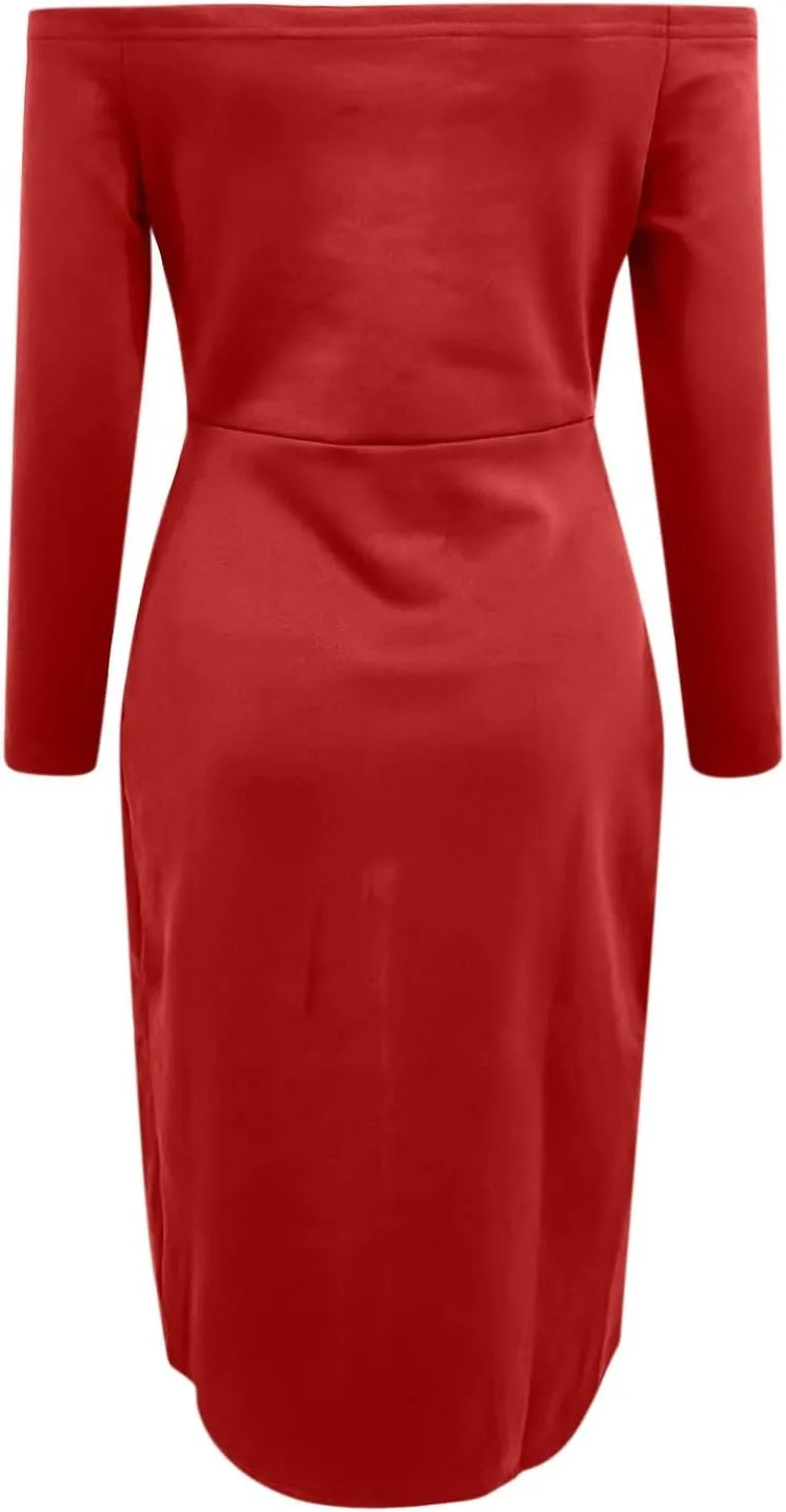 Women Fashion Party Dress Solid Cold Shoulder Beads 3/4 Sleeves Medium Length Irregular Dress Casual Skirts for