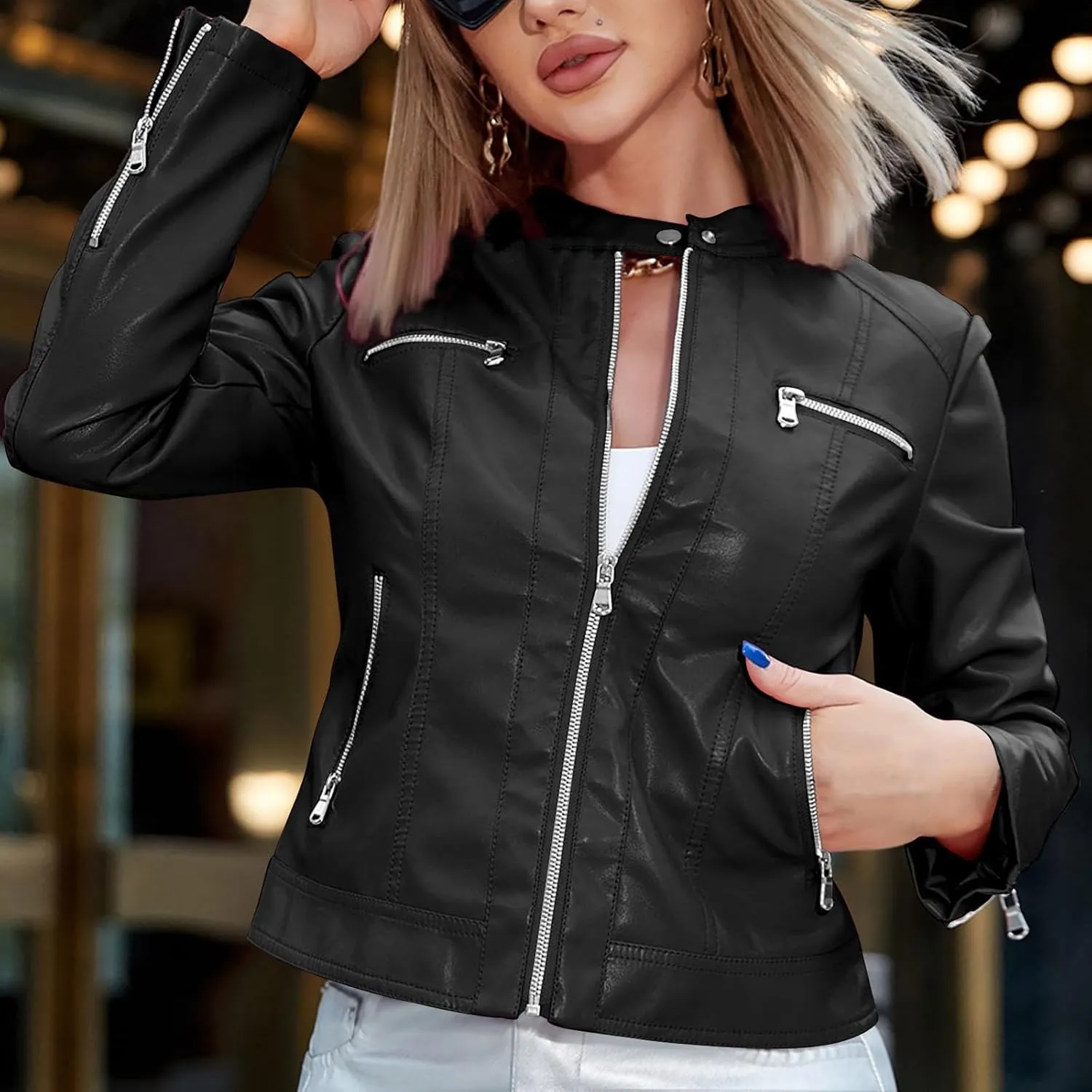 Women Faux Leather Casual Jacket, Fall and Spring Fashion Motorcycle Bike Coat Zip Up Short Moto Jackets with Pockets