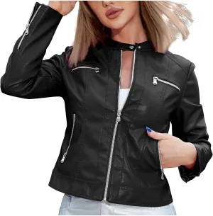 Women Faux Leather Casual Jacket, Fall and Spring Fashion Motorcycle Bike Coat Zip Up Short Moto Jackets with Pockets