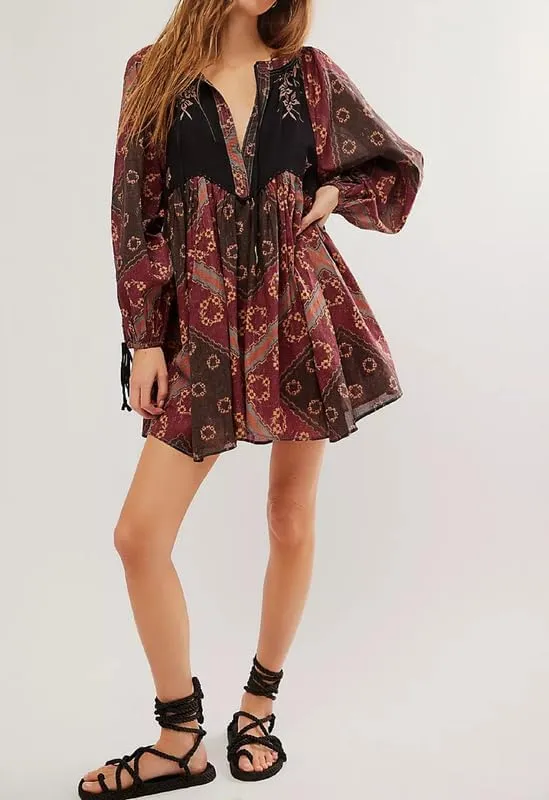 Women Floral Balloon Sleeve V Neck Mini Dress Boho Tie Front Printed Short Dress Bohemia Cute Beach Vocation Sundress