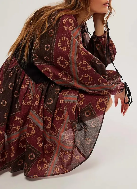 Women Floral Balloon Sleeve V Neck Mini Dress Boho Tie Front Printed Short Dress Bohemia Cute Beach Vocation Sundress